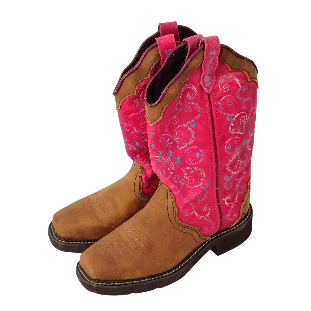 Justin Boots Gypsy Women 6.5 Brown Pink Leather Square Toe Western Cowgirl Chore